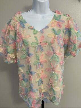 NWT Umgee Pastel 3D Floral Appliqué V-Neck Blouse